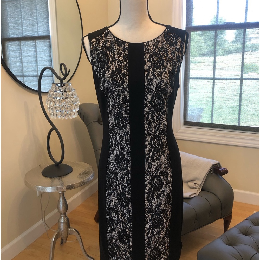 Black dress with flower lace down middle from Cynthia Rowley